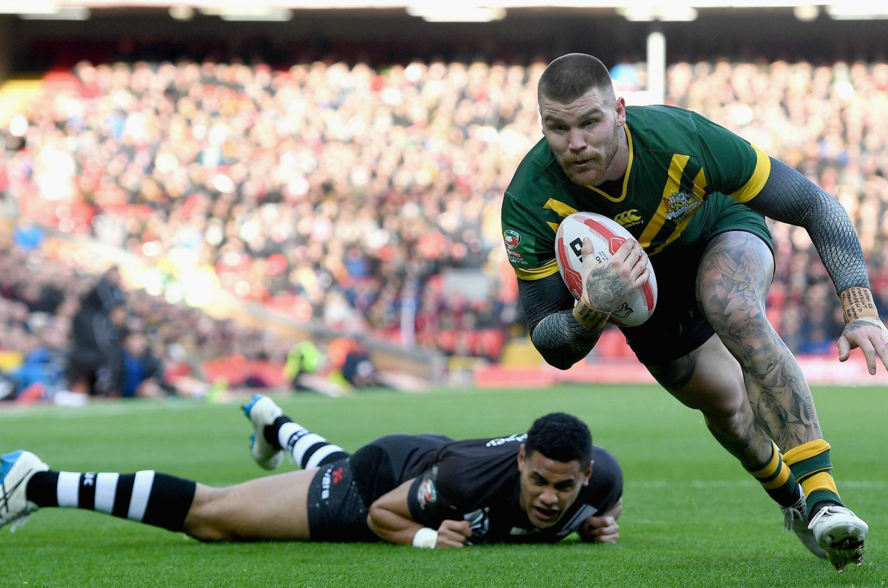 Rugby players playing during a rugby event.